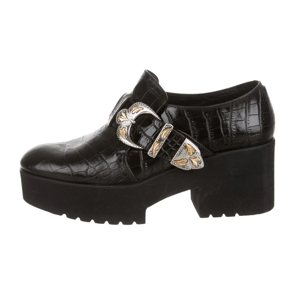 MAJE Frantzo Black Crocodile Print Embossed Leather Derby Buckle Platform Heels